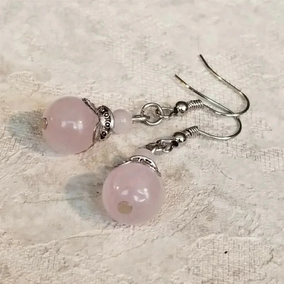 Hand Crafted Rose Quartz Victorian Lace Art Nouveau Gemstone Bead Drop Earrings - Picture 6 of 6